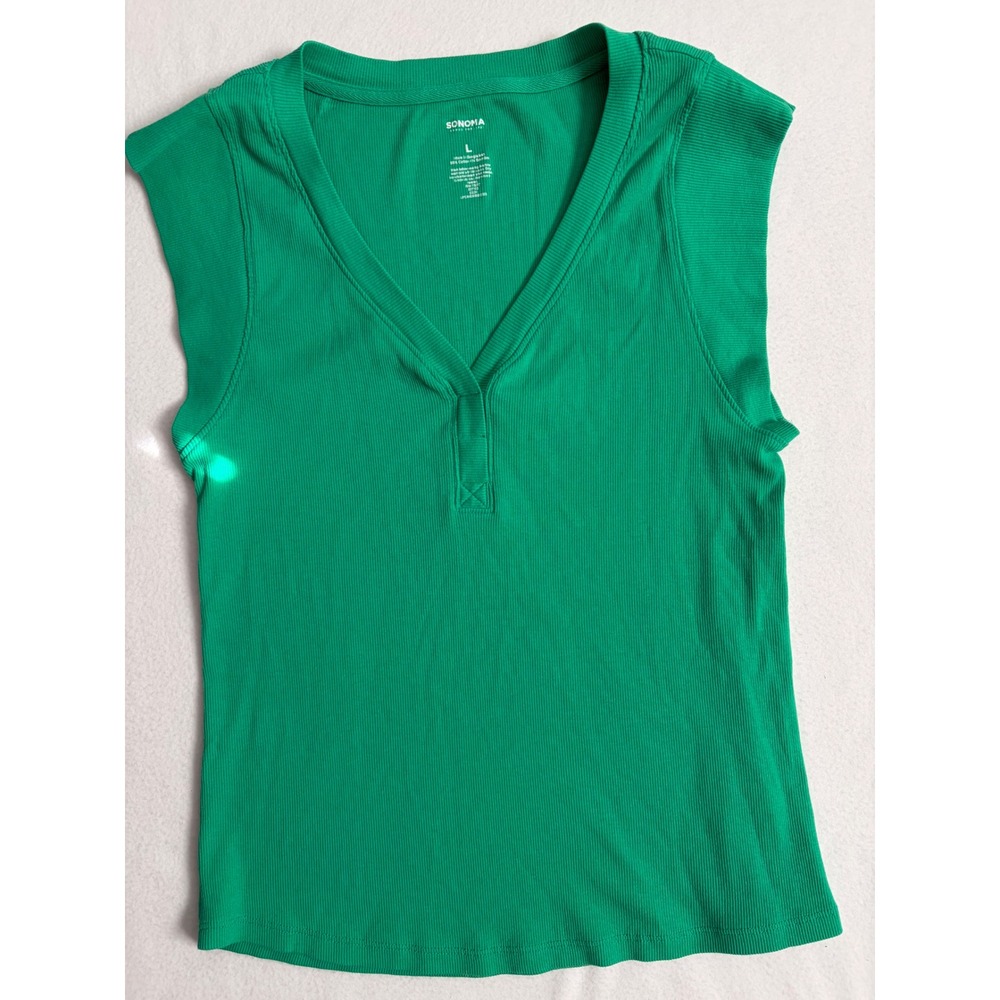 Sonoma Goods For Life Womens Green Ribbed Cap Sleeve V-Neck Top Large